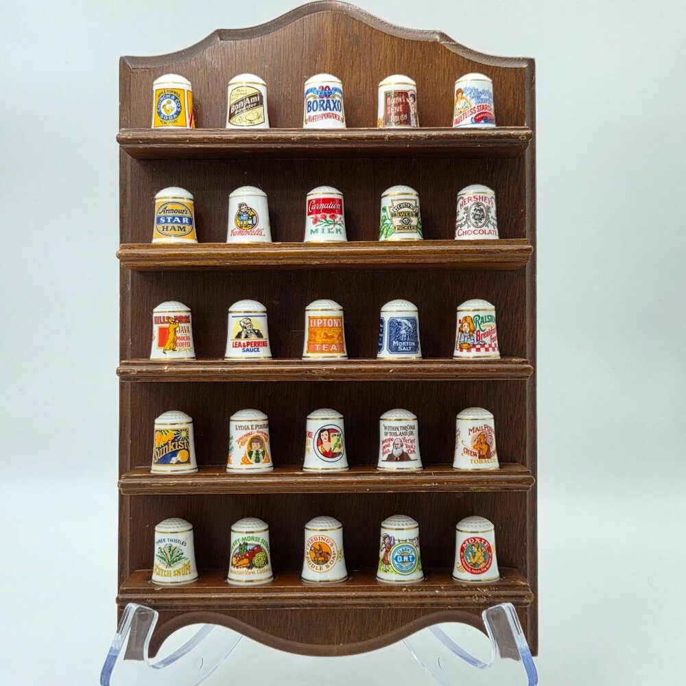 Country Store Advertising Thimbles Set of 25 and Info Cards W/ Wood Display Rack - Picture 1 of 16